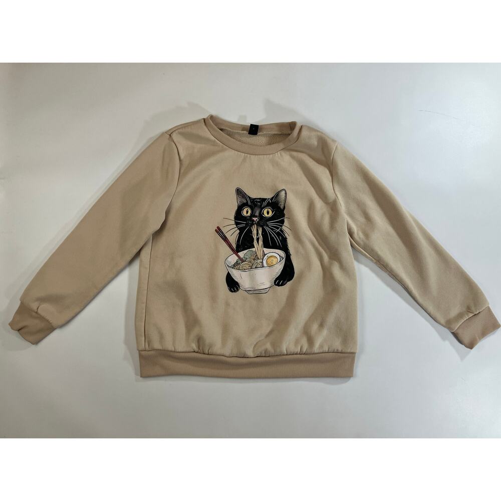 SHEIN Curve Women’s 0XL Cat Ramen Graphic Fleece Sweatshirt Beige Pullover